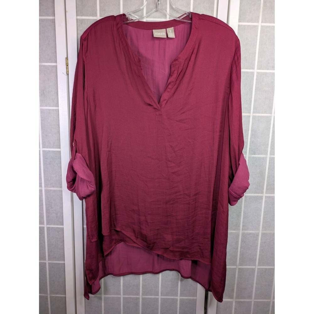 Chico's Women's Blouse (fits XL) Roll Tab Sleeve Faux Layered Berry Lightweight